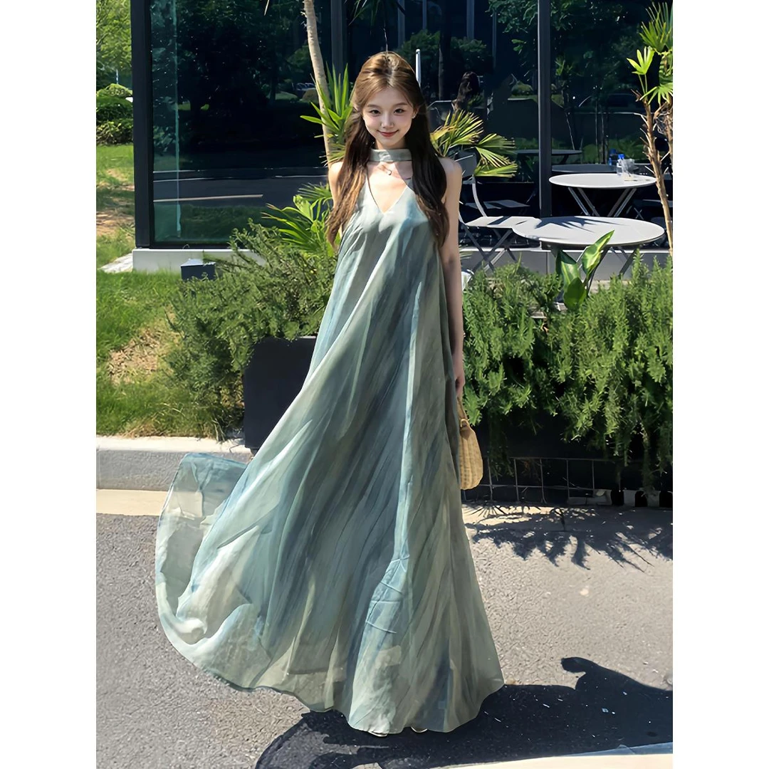 法式气质小香风绿色碎花背心连衣裙女夏2025新款小个子无袖长裙子