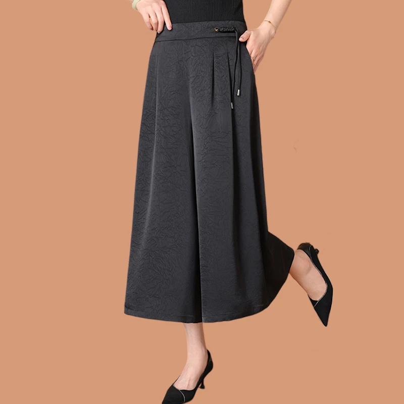 提花冰丝阔腿裤女夏新款国风妈妈裤子高腰显瘦时尚垂感宽松直筒裤