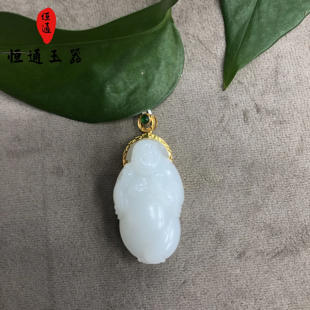 白玉18k镶嵌逍遥佛吊坠规格约36*20*12mm-1-3980