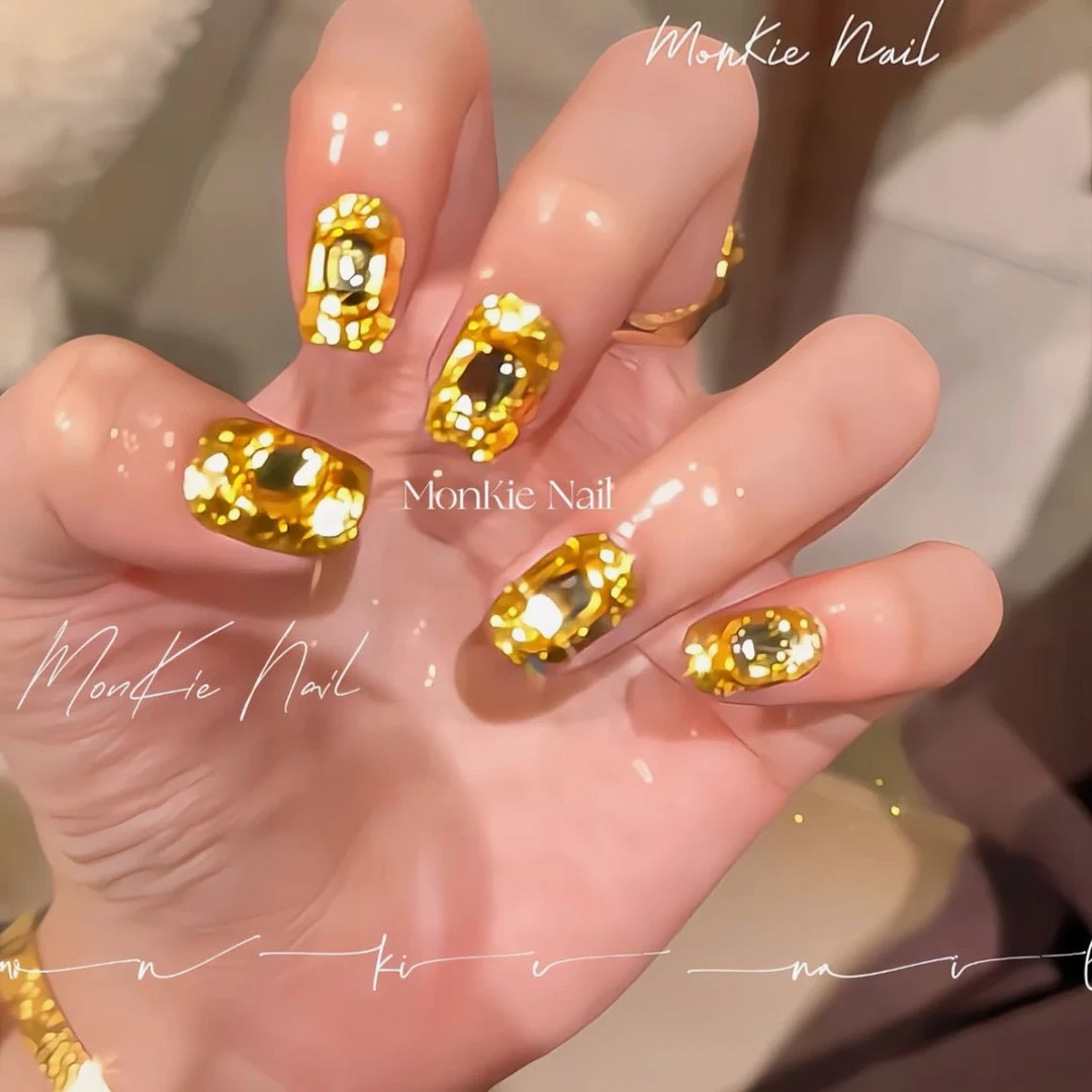 新年发财美甲饰品金黄色爆闪亮片K9平底八角钻小红书穿戴甲配饰钻
