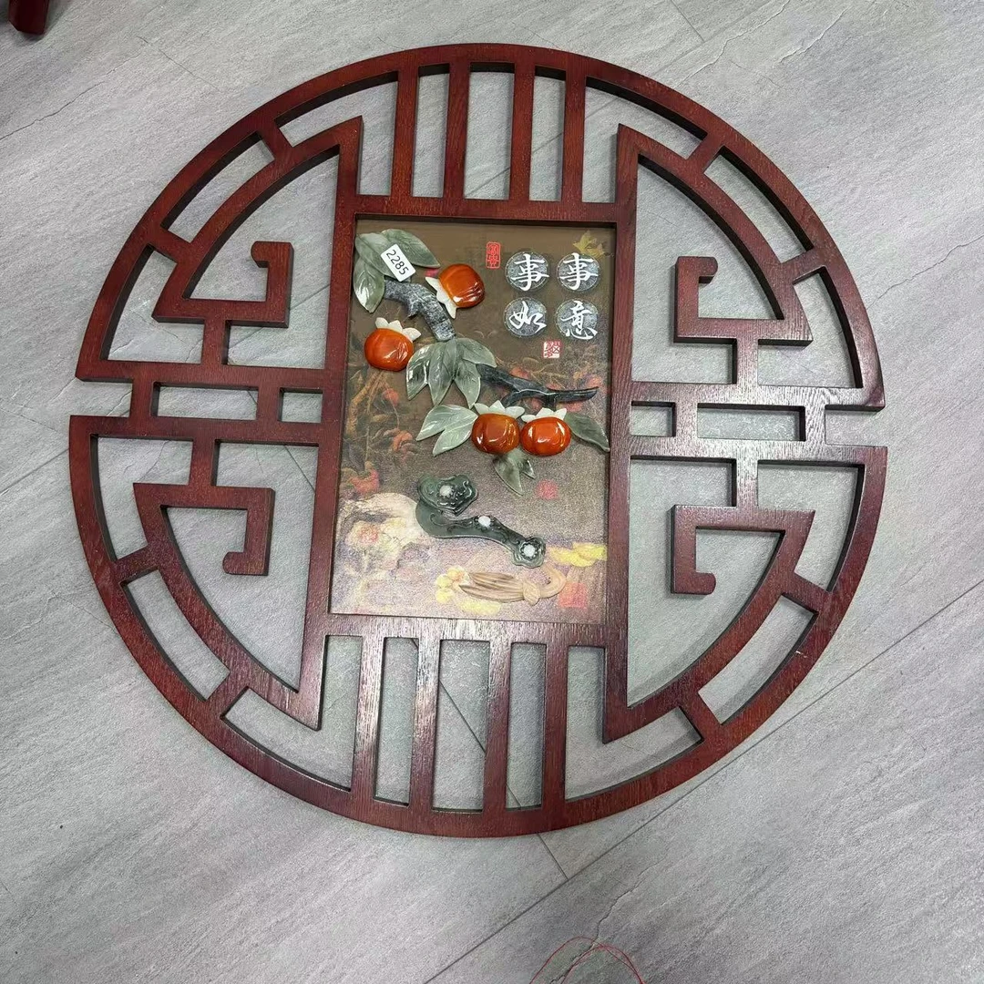 【事事如意】80*80寿字框圆形0118精磨边框玉雕画天然玉石手工雕刻