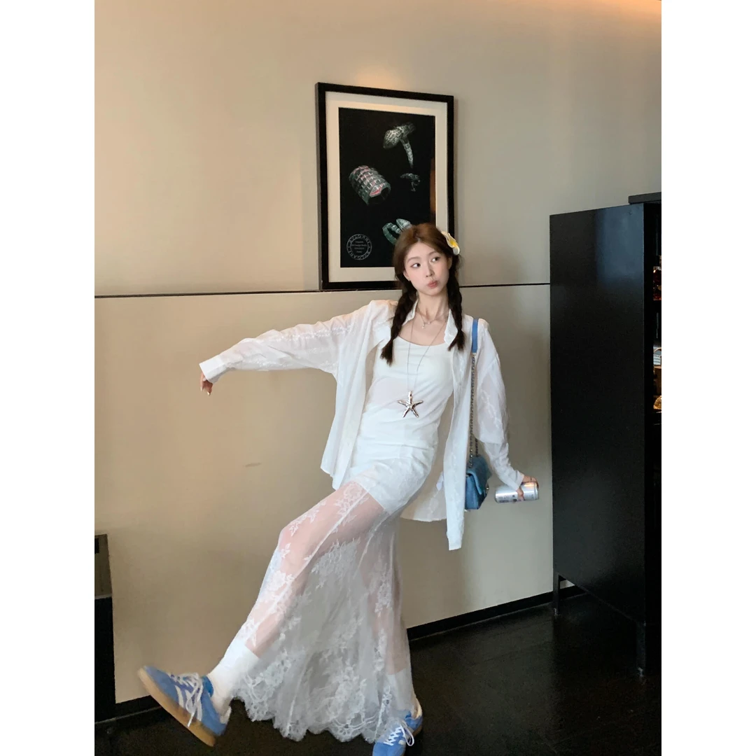 法式纯欲U领吊带连衣裙外搭白色衬衫两件套女夏季设计感绝美穿搭