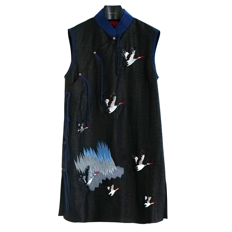 SUOER/娑尔黑底白线仙鹤刺绣上衣马夹 SH1SB02076