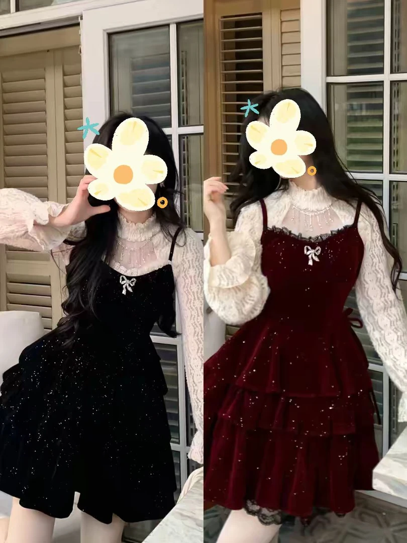 磨毛水钻上衣+细闪烫银丝绒红色吊带蓬蓬裙圣诞穿搭套装