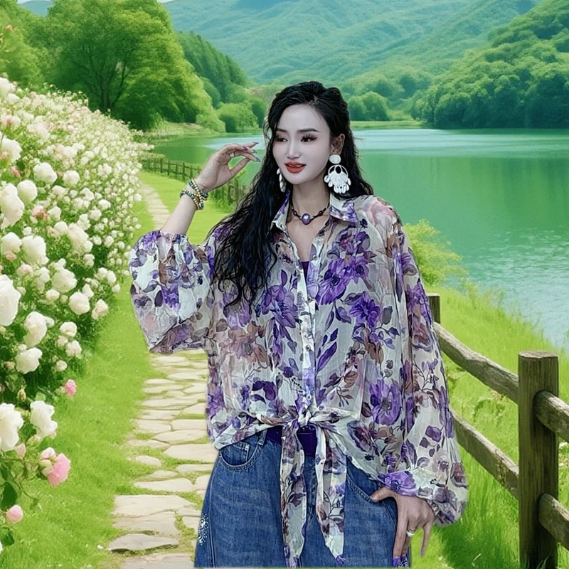 防晒衣碎花长袖衬衫女2025新款夏季提花打结薄款时尚休闲衬衫5809
