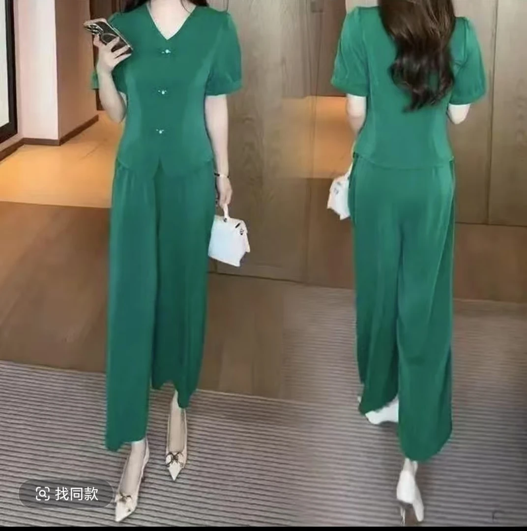 新中式时尚套装女2025夏季新款洋气显瘦盘扣短袖阔腿裤两件套