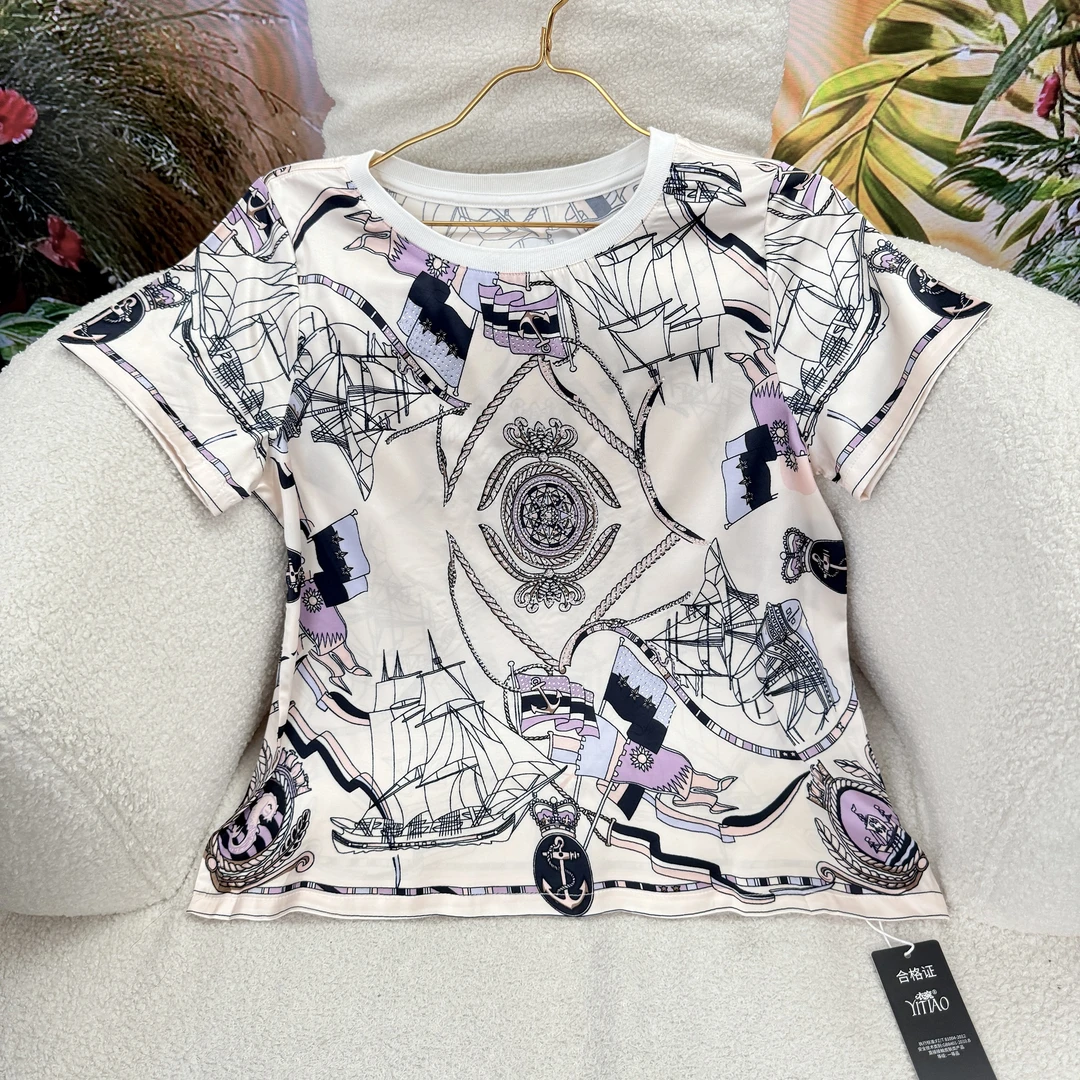 【宠粉专属】‘’扬帆远航‘’烫钻桑蚕丝上衣 高端欧货轻奢印花T恤女夏