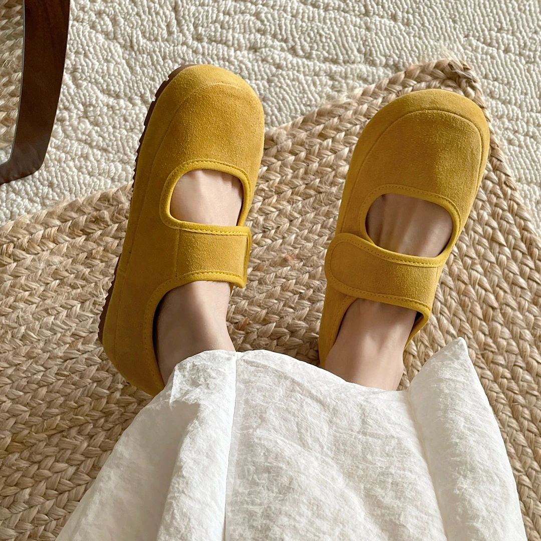 黄色真皮2025春季节新款单鞋女圆头外穿魔术贴懒人鞋博肯鞋89-77
