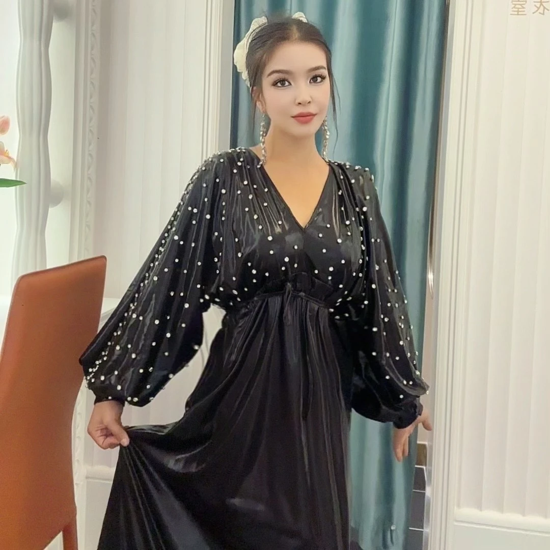 5785【包邮】重工珍珠镶嵌V领礼服款女装连衣裙