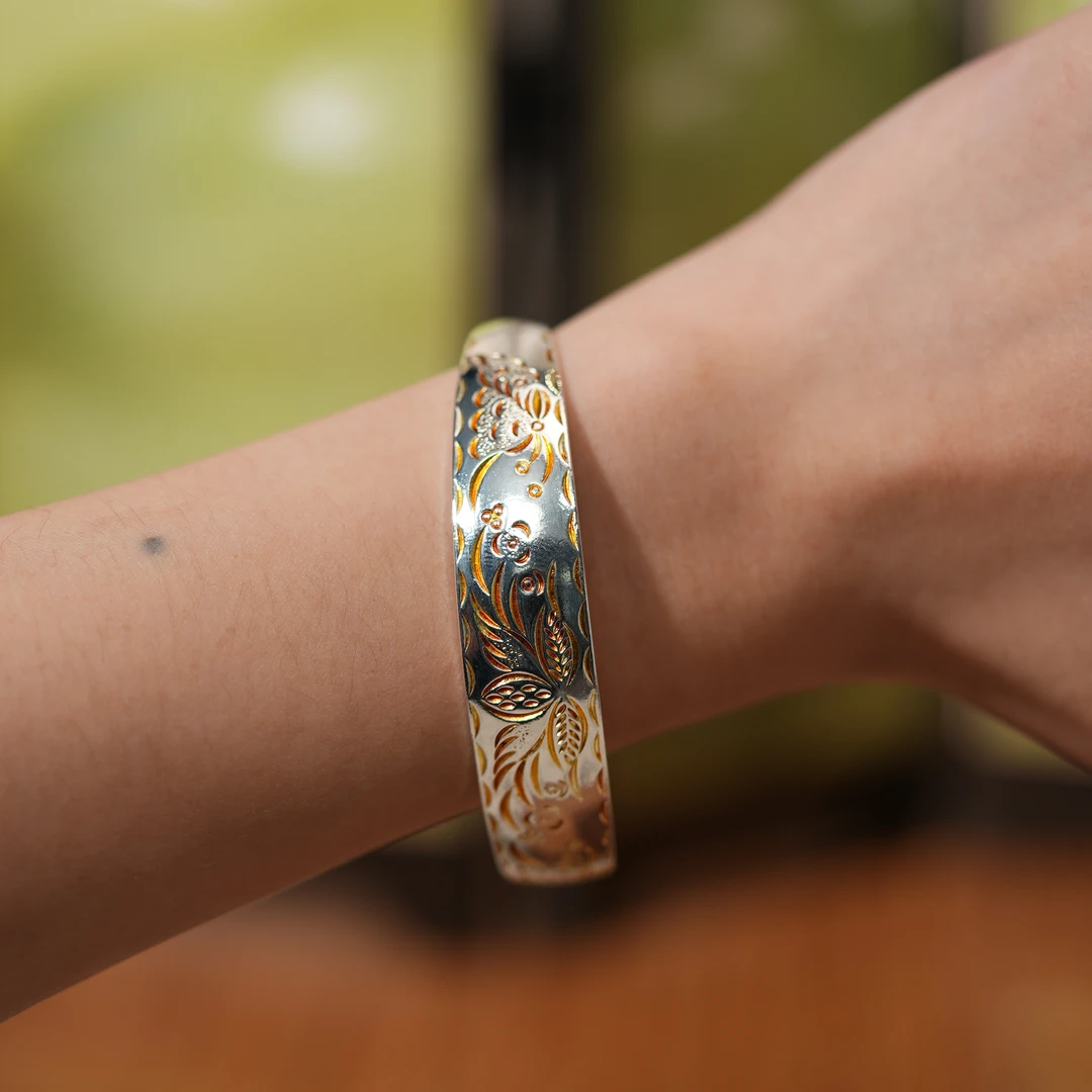 足银手镯 足银手镯花开富贵银手镯纯银999送妈妈母亲节礼物繁花