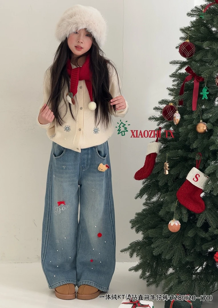 【豪宝贝】2025FW玩偶kt红蝴蝶结烫钻字母一体绒牛仔裤7281