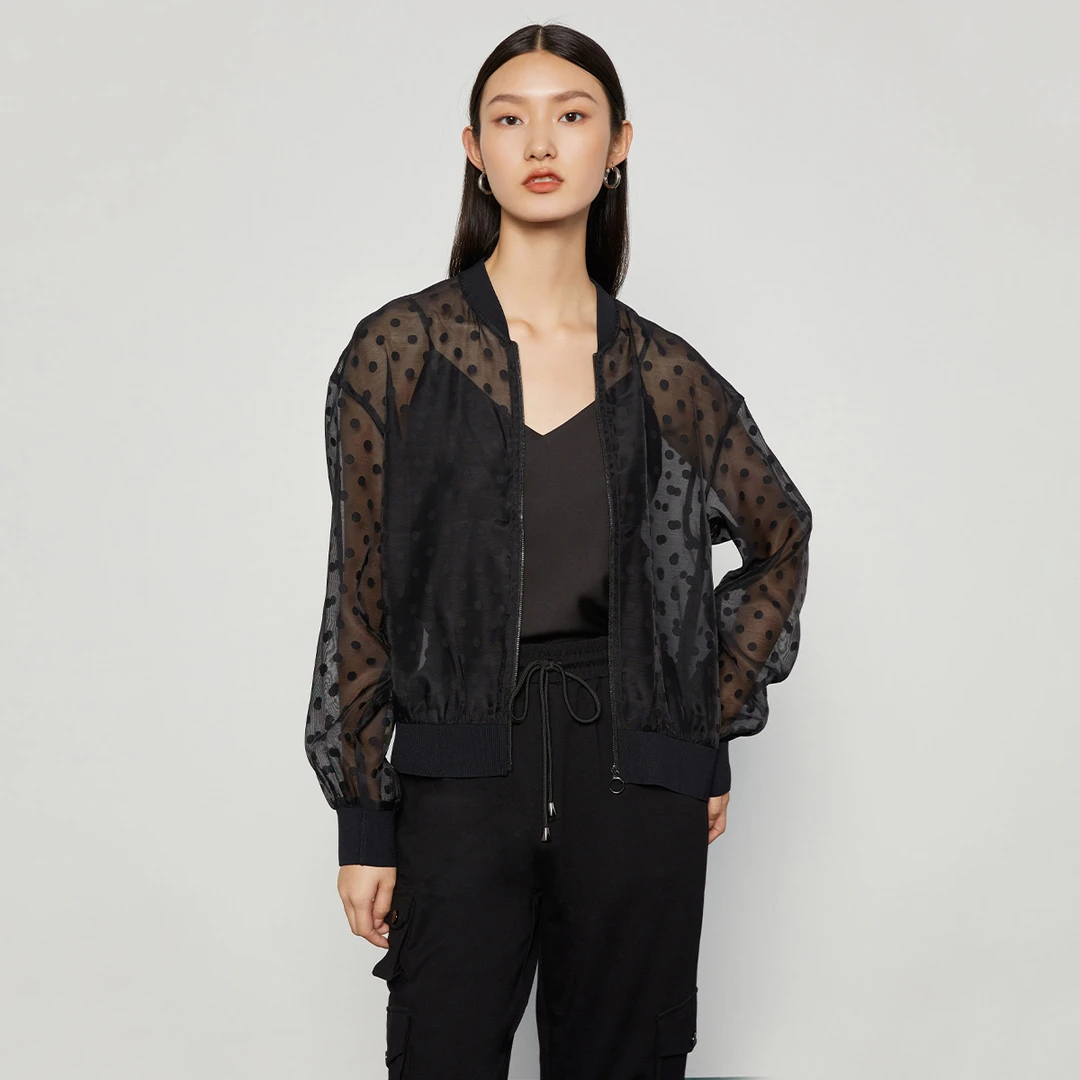 【婷婷专属】薄款透肤外套女秋季纯色气质复古波点球领长袖上衣