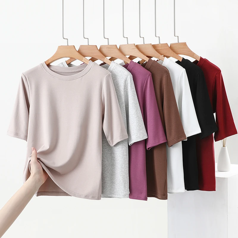 五分袖T恤薄款中袖柔糯短袖上衣春夏夏季打底衫宽松圆领百搭半袖