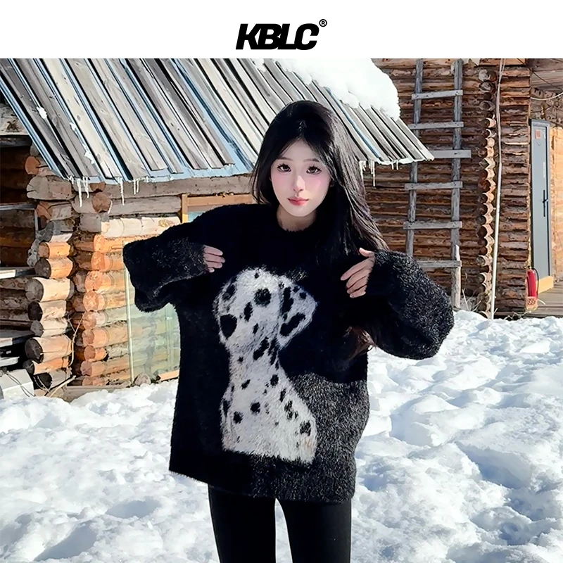 KBLC24秋冬厚实重磅仿貂毛狗狗提花宽松版百搭情侣男女圆领毛衣