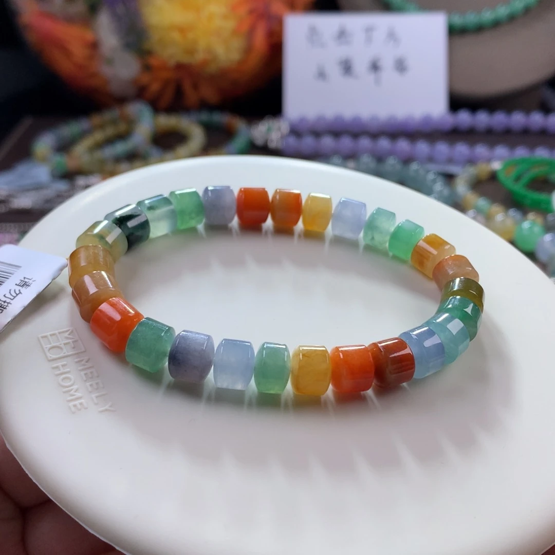 翡翠手链未镶嵌推荐！浓艳彩多宝桶珠卡7.8