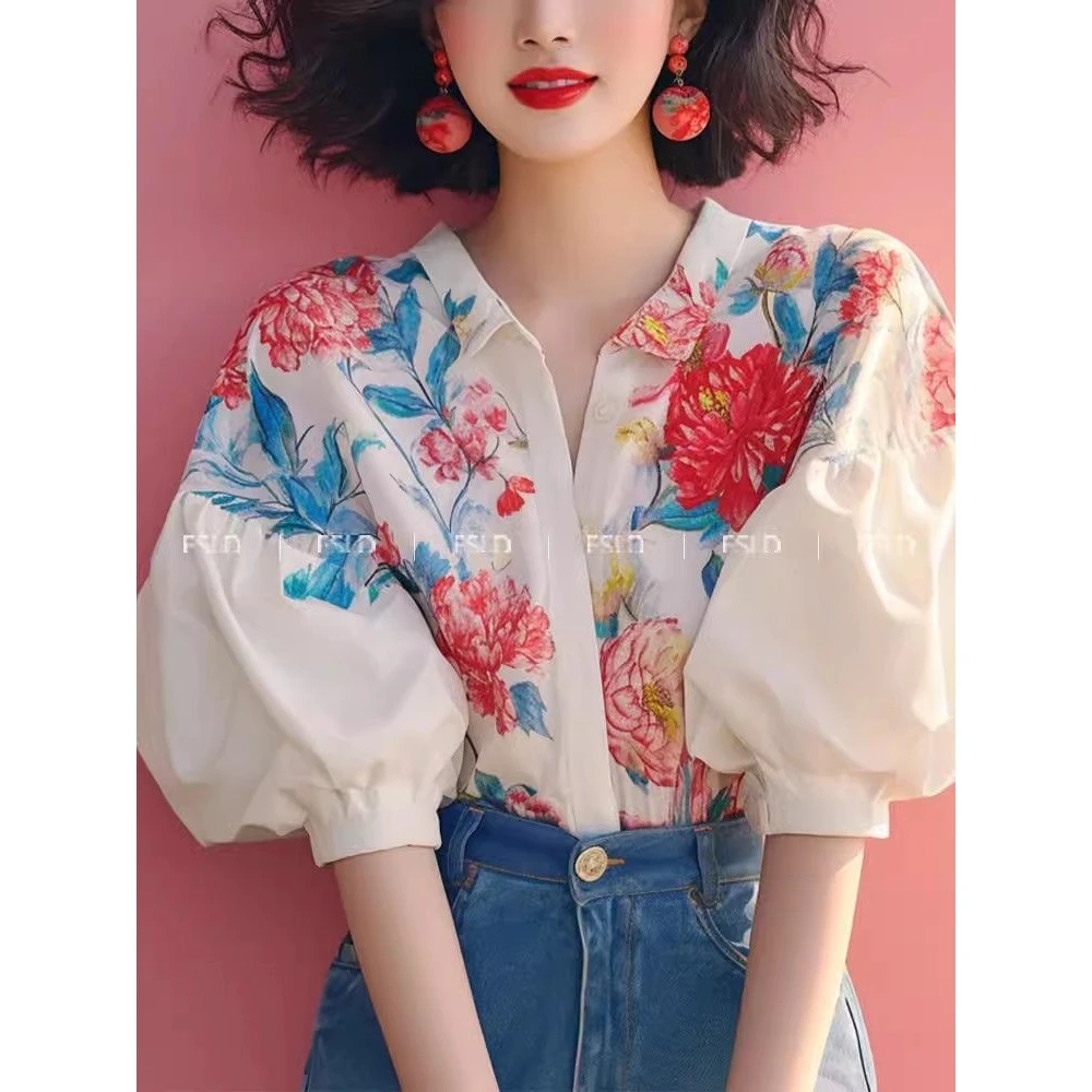 独特漂亮小衫淑女气质法式小上衣泡泡袖碎花衬衫2024新款女装夏季