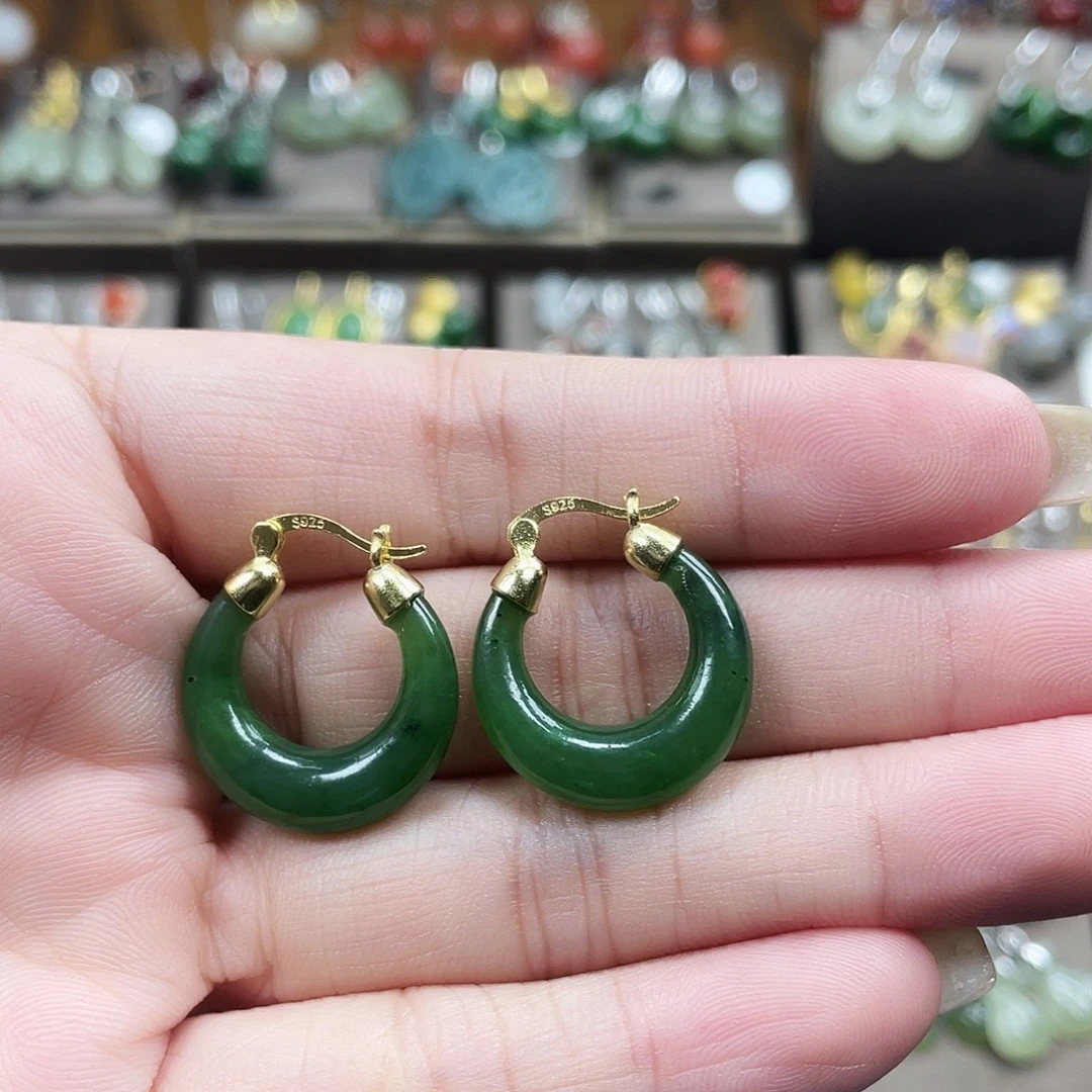 和田玉银S925镶嵌耳饰