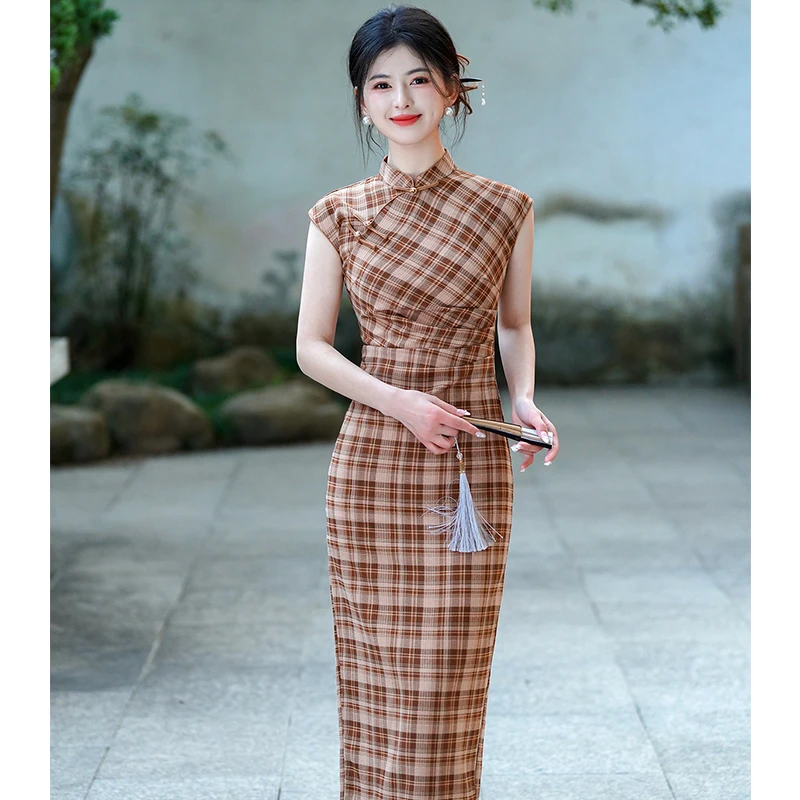 锦瑟/S-2XL 新中式无袖格子旗袍新款显瘦气质时尚夏季少女复古