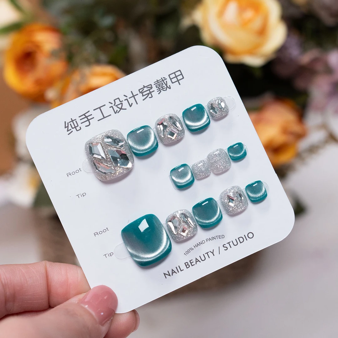松石綠高级ins新款手工穿戴脚趾甲美甲贴片显白指甲镀晶封层镶钻