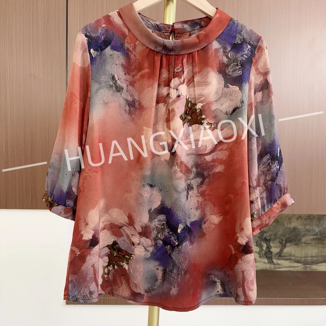 HUANGXIAOXI 落霞红唯美油画气质小圆领国风中袖小衫ZF-375