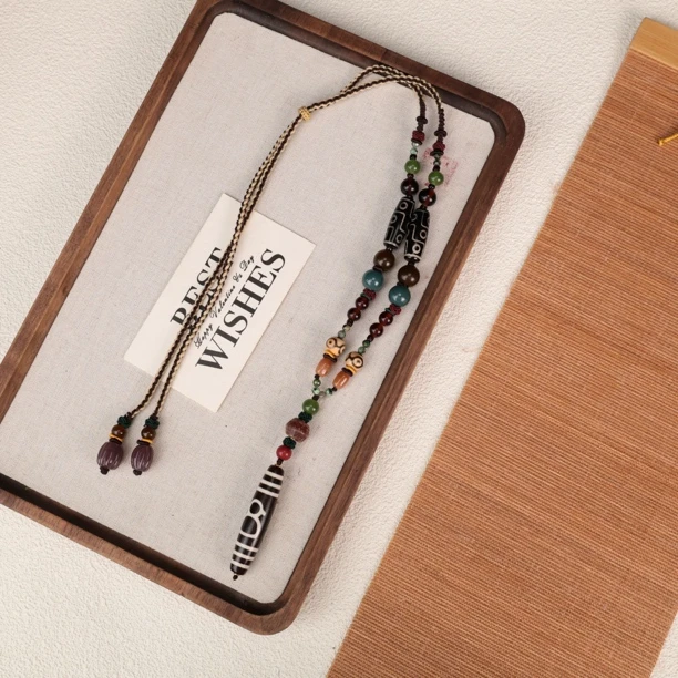 合金琉璃项链 LZ3504-3 财神黑色系藏式珠珠双颗九眼绳编琉璃项链