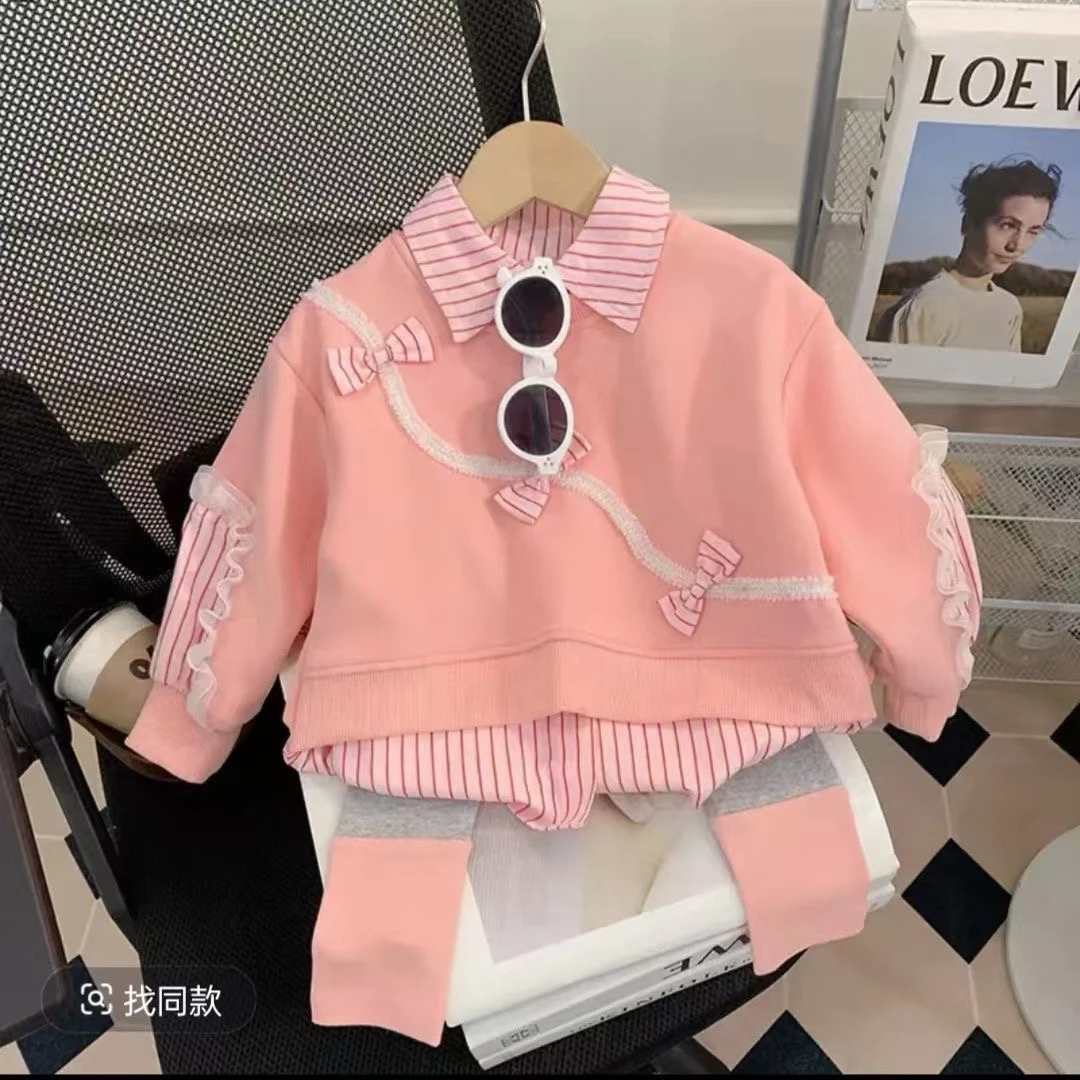 女童2025春季新款套装韩版甜美蝴蝶结花边拼接衬衫打底裤两件套潮