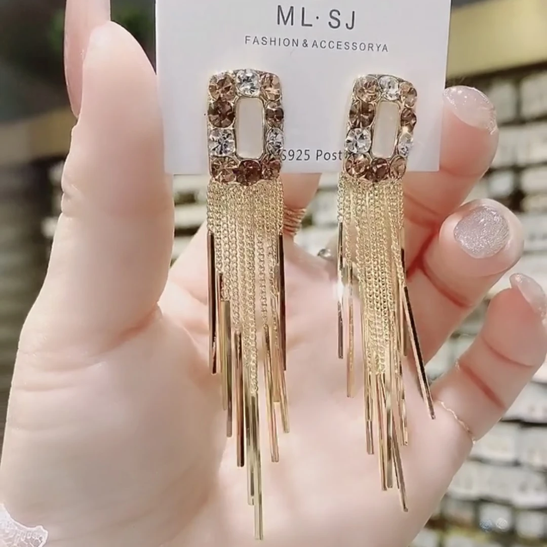 铜合金锆石耳饰 耳环流苏气质女神金色高级感新款轻奢设计感耳坠