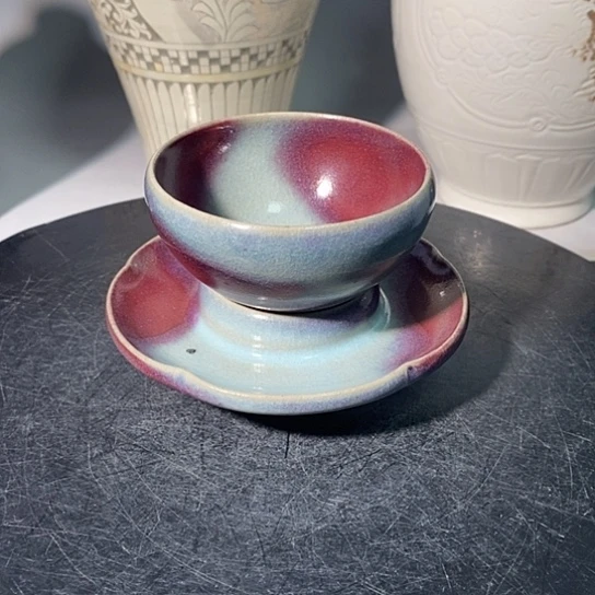 碗鲁**僧钧窑挂红斑硫与托