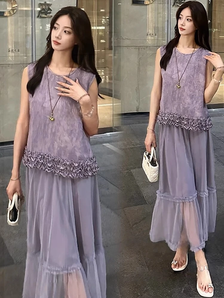 时尚连衣裙套装女2025夏季新款花边拼接无袖上衣网纱半身裙两件套