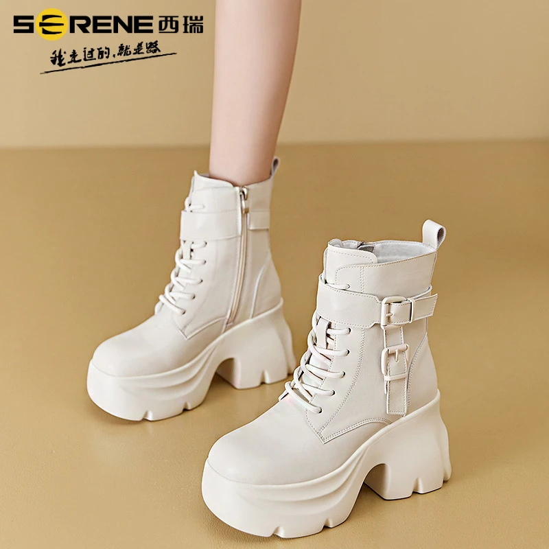 『明星同款』西瑞女鞋粗跟厚底靴子高跟英伦风小个子百搭冬季女靴