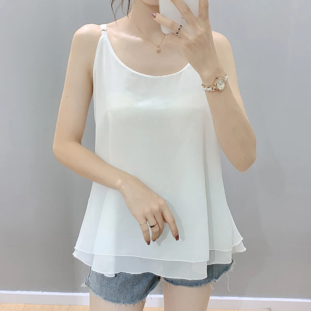 新款宽松大码吊带背心女白色中长款雪纺胖mm假两件打底内搭外穿夏