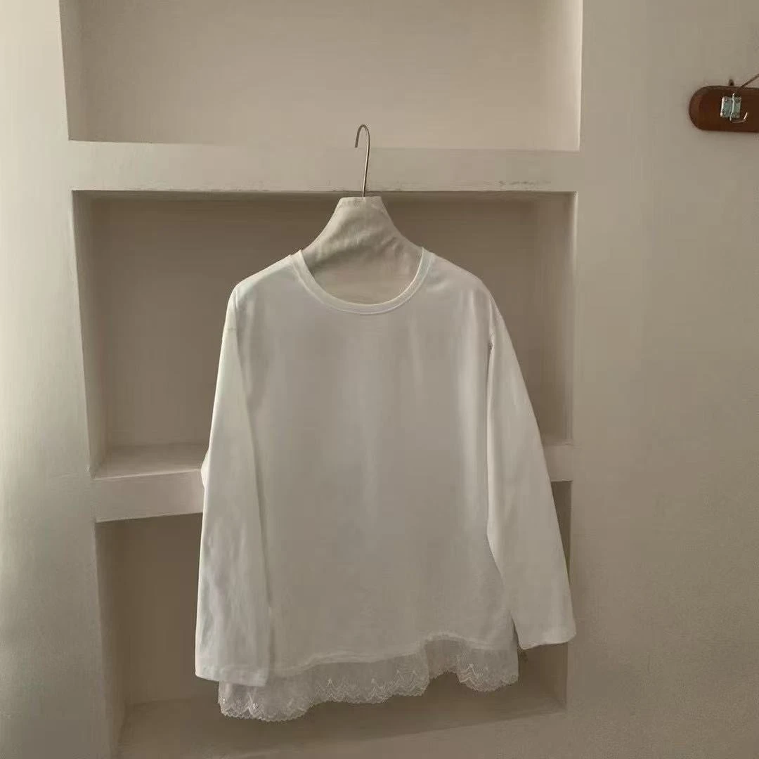 东大门假两件蕾丝纯棉大白T