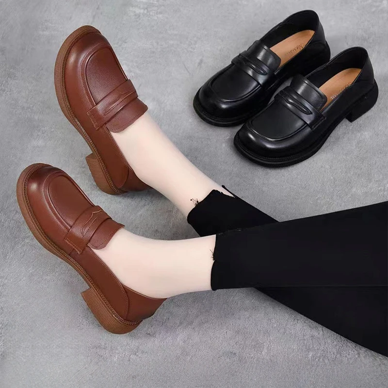 品牌圆头乐福鞋女2025年新款百搭平底防滑简约妈妈鞋单鞋真软皮