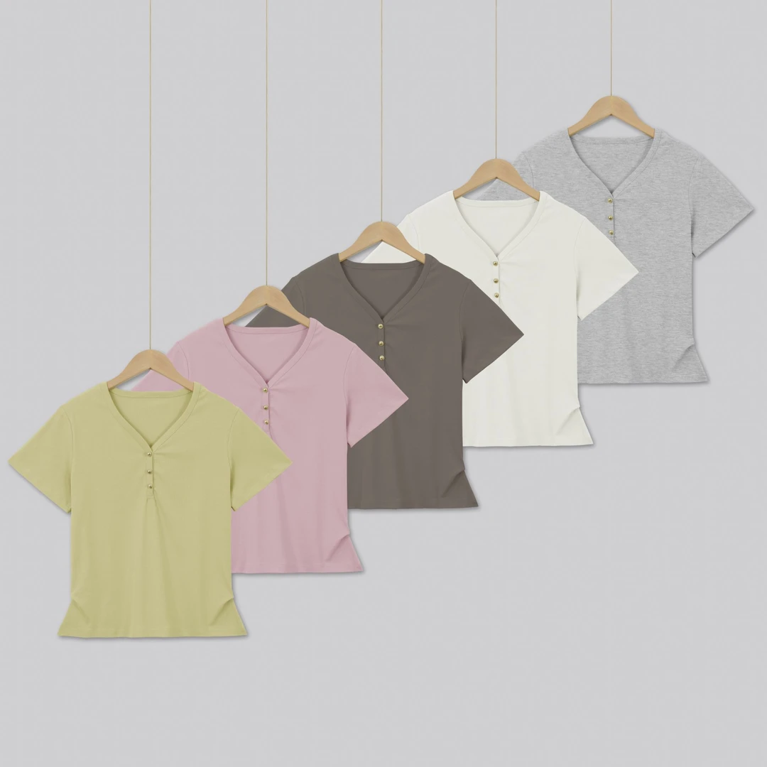 40支精梳棉210克【夏季】正肩V领玫瑰金扣短款时尚短袖T恤5045