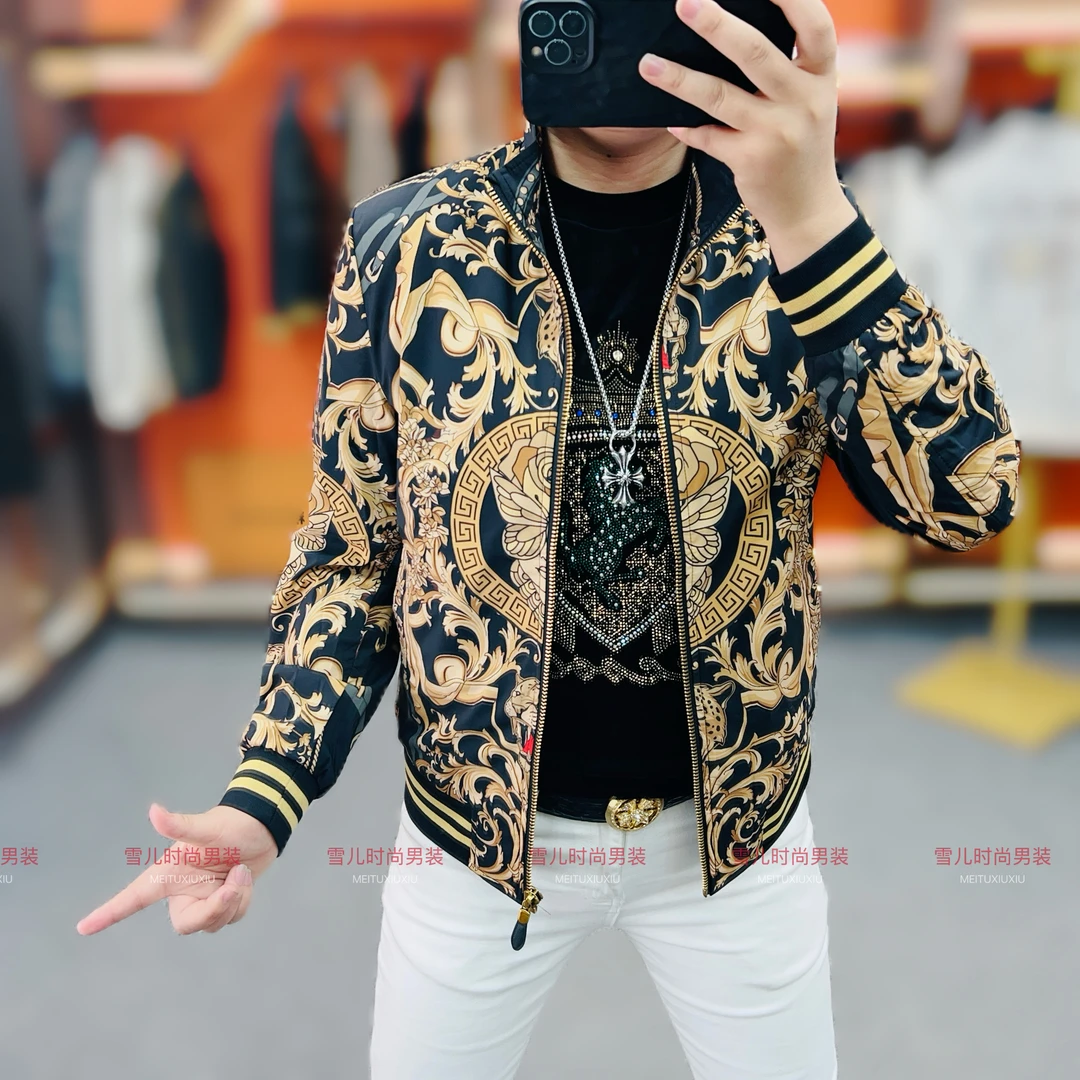 欧洲站男士秋季新款立领韩式潮款潮流修身个性百搭提花夹克外套