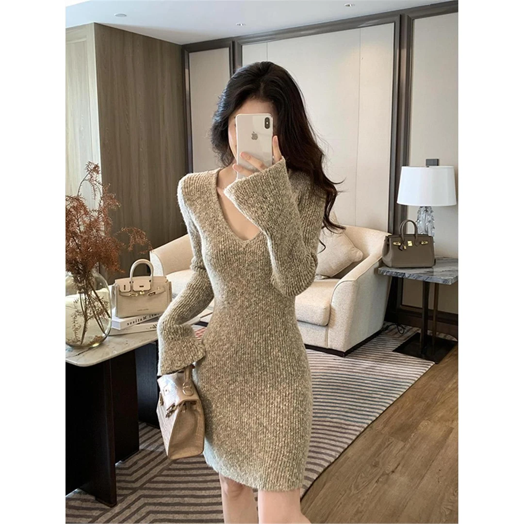 纯欲风v领针织连衣裙女秋冬新款修身显瘦内搭打底毛衣包臀短裙子