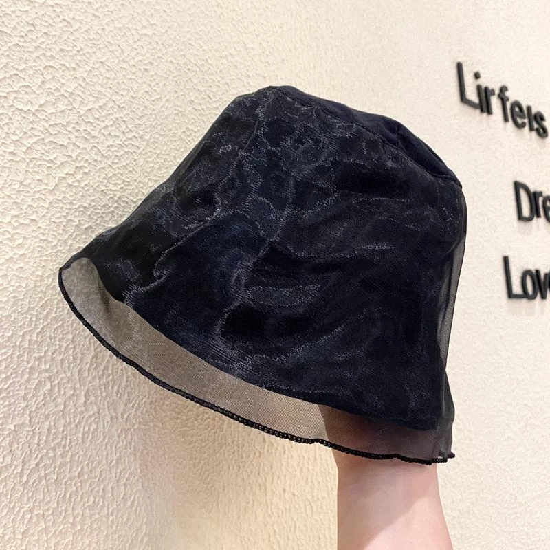 黑色网纱渔夫帽女春夏日系遮脸薄款透气遮阳盆帽显脸小百搭水桶帽