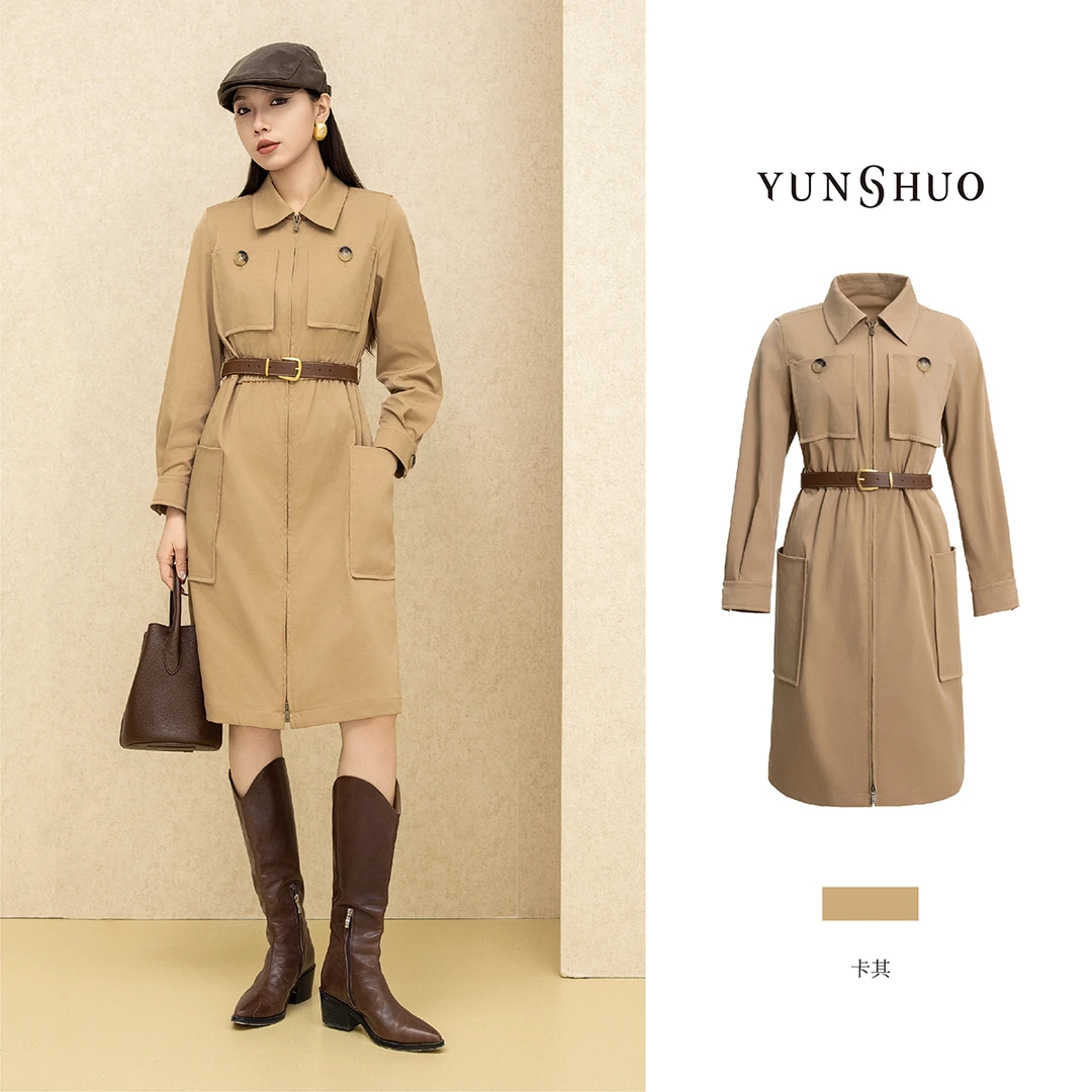 允硕春季新品时尚百搭收腰POLO领工装裙显瘦女中长款连衣裙569406