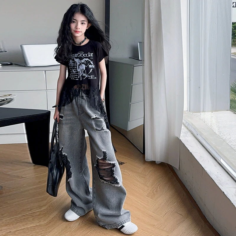 【酷哒仔】女童潮酷范蕾丝短袖上衣破洞黑纱牛仔裤子两件套装2025夏