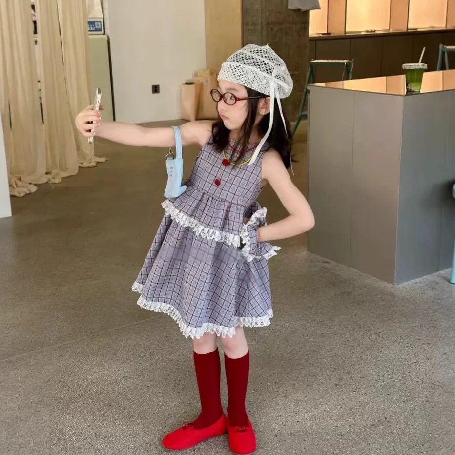 女童2025格子连衣裙夏季新款儿童甜美蕾丝背心宝宝公主洋气薄爆款