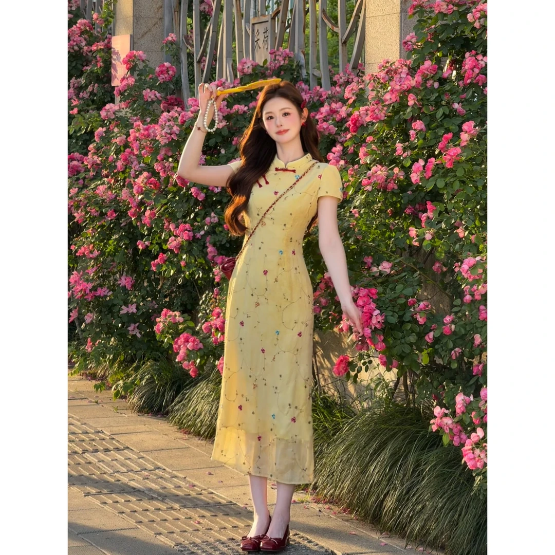 【夏沫】<77>新中式撞色盘扣刺绣天丝旗袍连衣裙XMZH7418