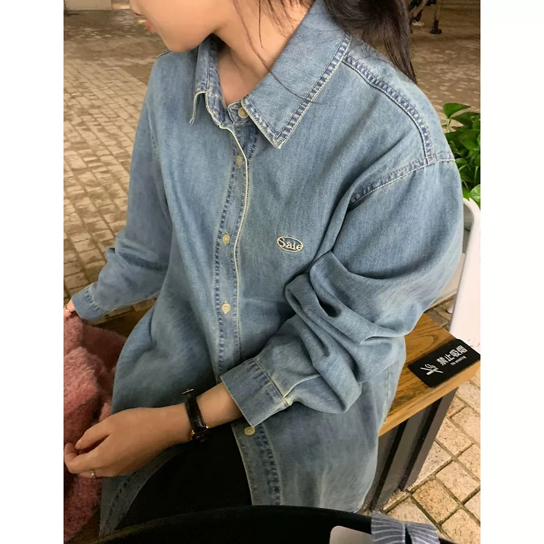 【字母刺绣牛仔外套】美式复古百搭牛仔衬衫外套-苋 17191(99369)
