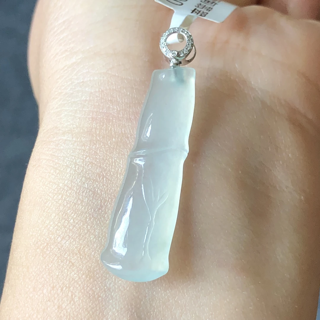 天然A货缅甸翡翠18k金镶嵌老坑冰种竹节吊坠