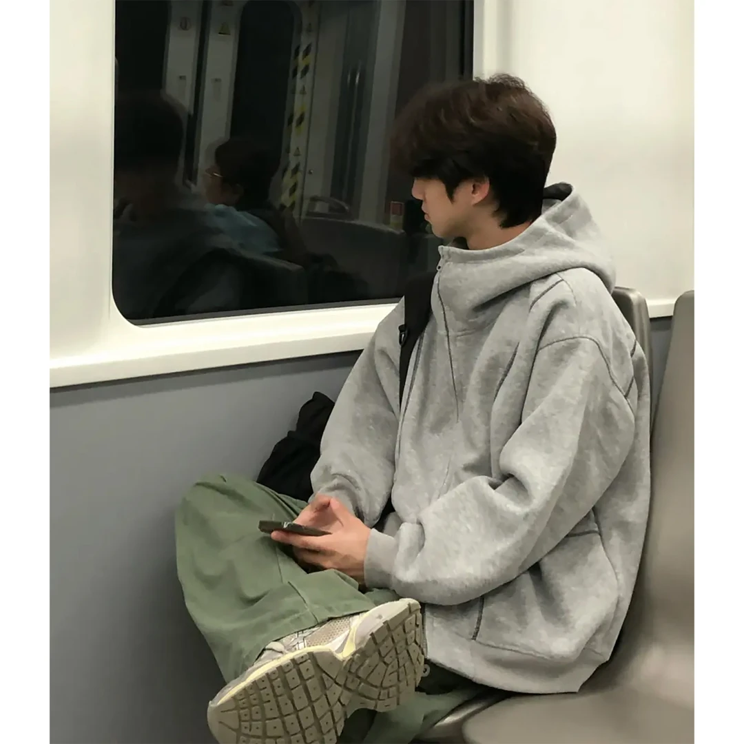 潮牌美式oversize高街纯色拉链连帽卫衣男女秋冬休闲宽松外套上衣