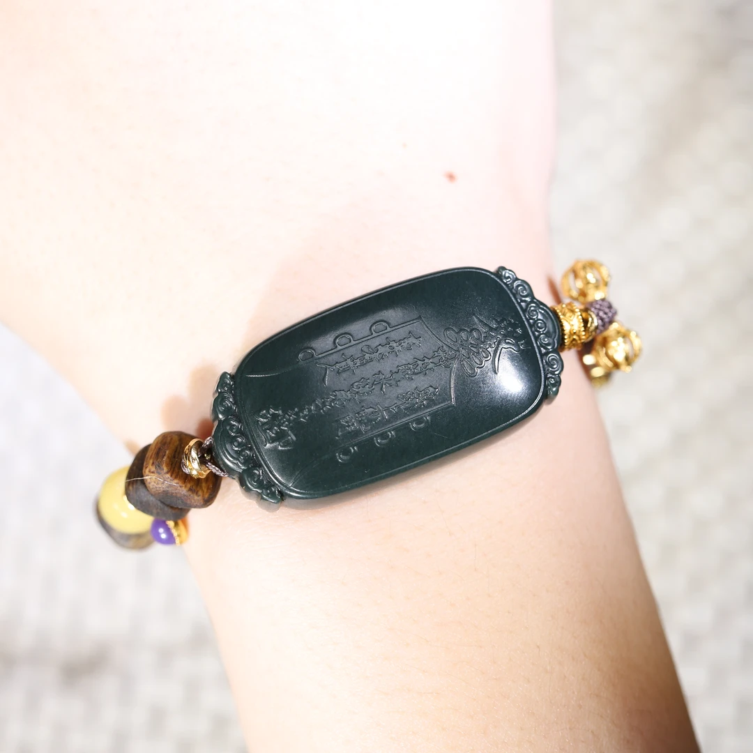 【汪氏精品】和田玉塔青事业亨通手牌 WS 100809-F27 多样性发其一