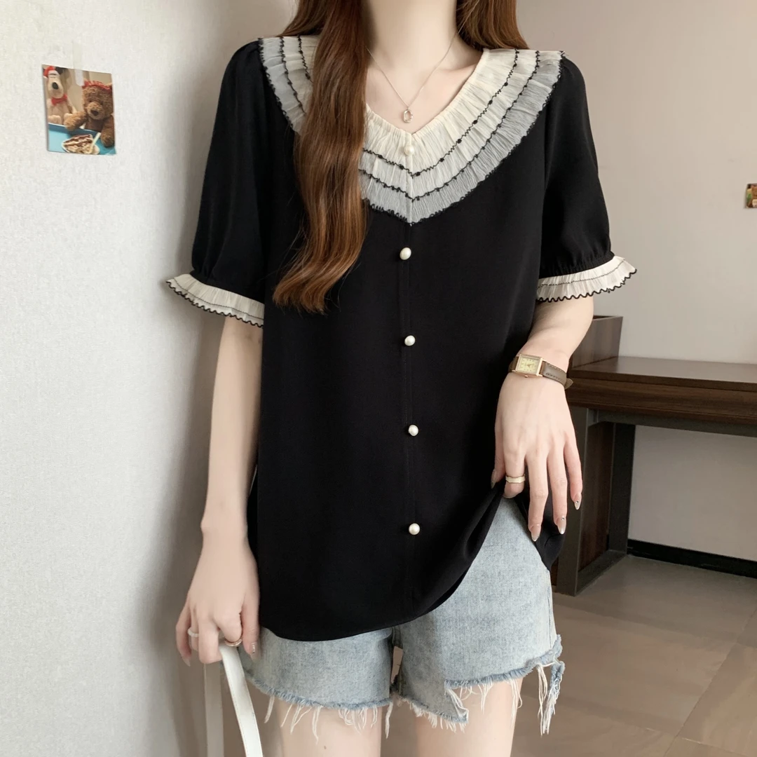 大码女装荷叶边拼接领显瘦小衫胖mm夏季新品修身泡泡袖上衣