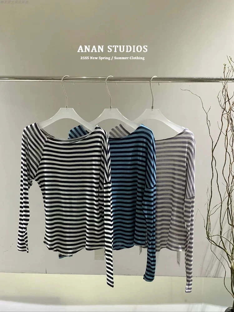 83585# ANAN 十三行25s 夏季新款天丝 羊毛 斜肩条纹衫