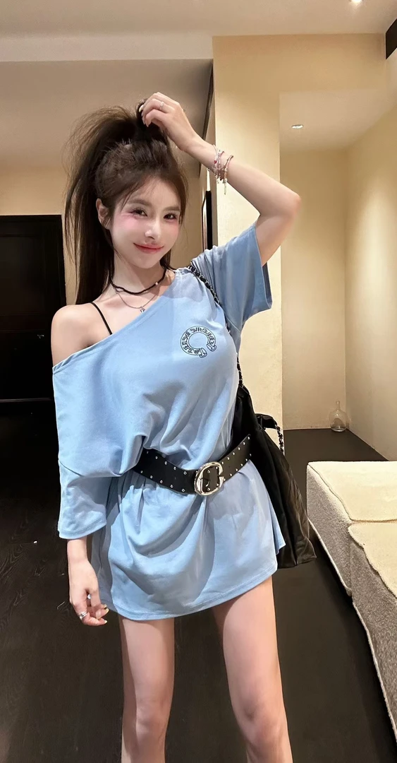 【HuiHui】夏季短袖小众圆领中长款印花T恤性感休闲（H8557)