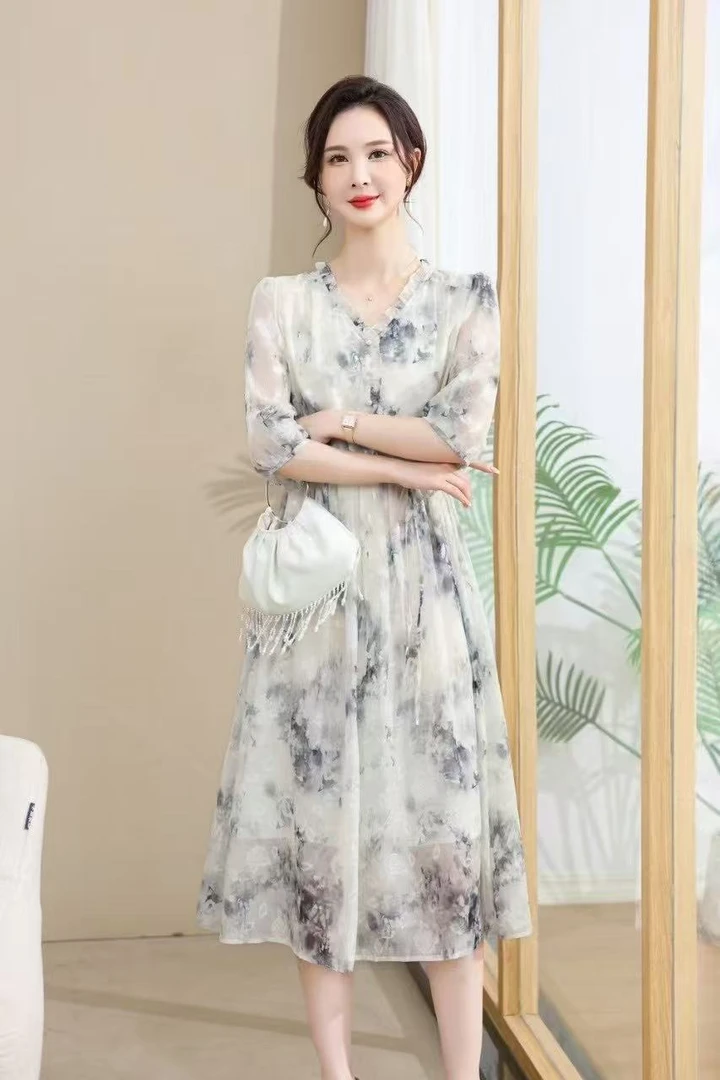 墨影F558碎花气质时尚夏季水墨桑蚕丝洋气定制连衣裙