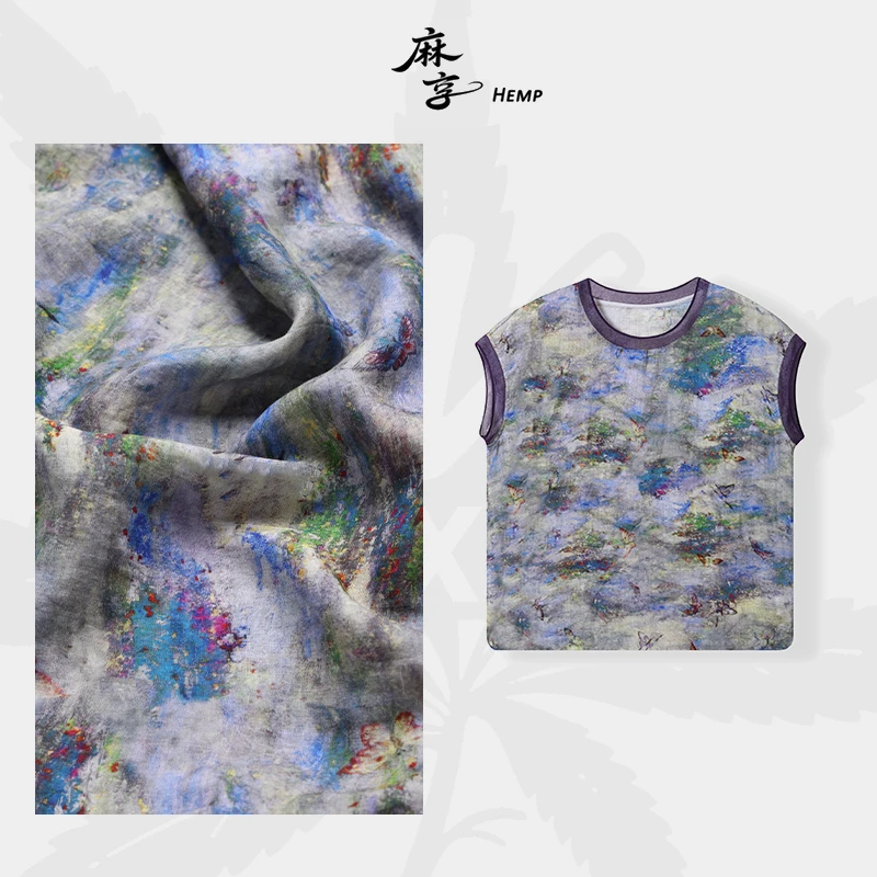 麻享【梦蝶·小衫】莨麻蝴蝶印花撞色包袖休闲宽松上衣T恤FSY50776